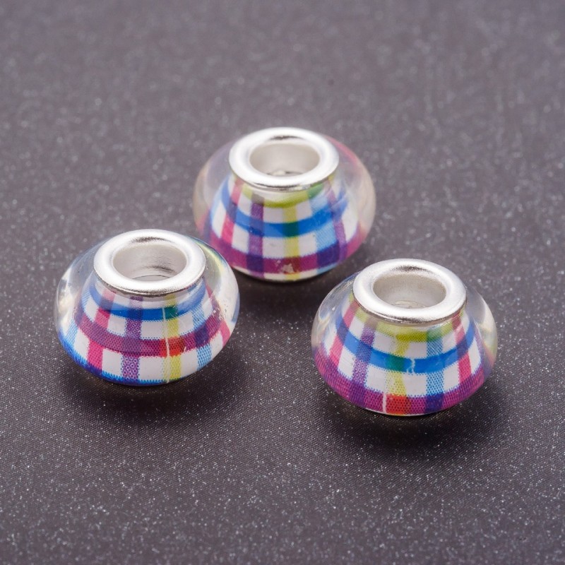Pandora Bead Pink-Blue Chequered Plastic, 13mm diameter, 5mm hole, pack of 11