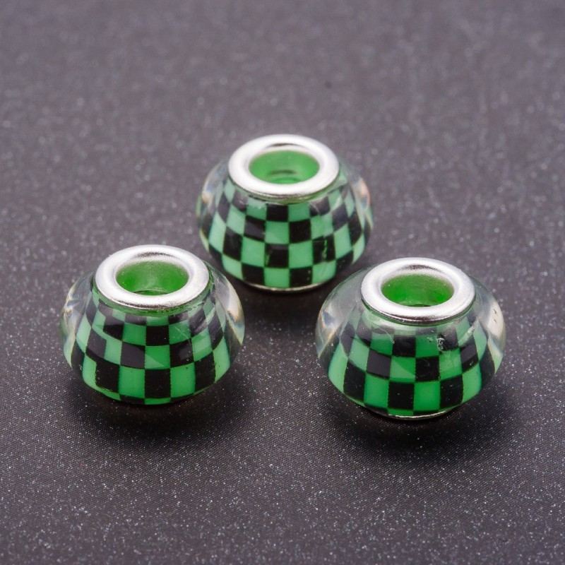 Pandora Bead Green Chequerboard Plastic, 13mm diameter, 5mm hole, pack of 11