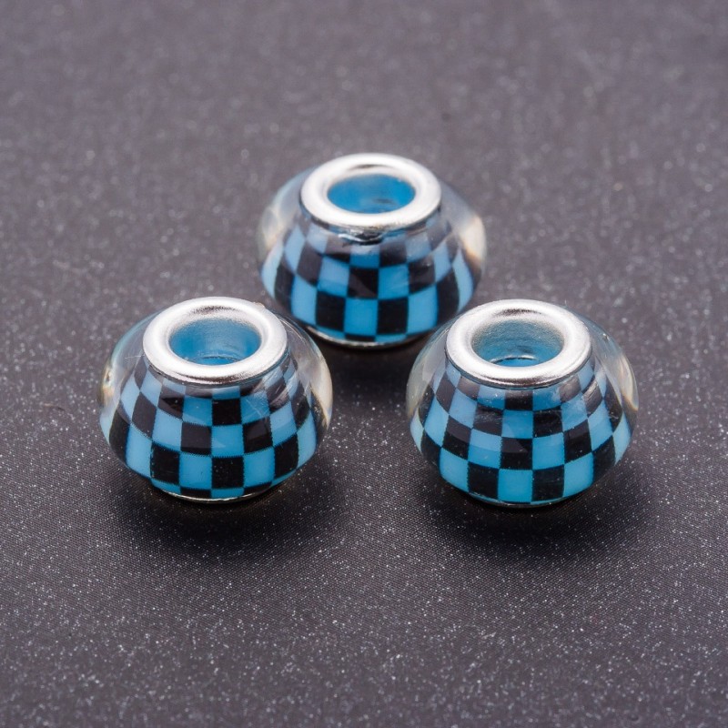 Pandora Bead Blue Chequered Mother-of-Pearl Effect Plastic, diameter 13mm, hole diameter 5mm, pack of 11pcs