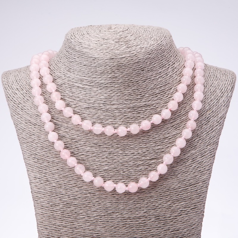 Long necklace of natural stone Pink Quartz smooth beads, 8mm diameter, 120cm length