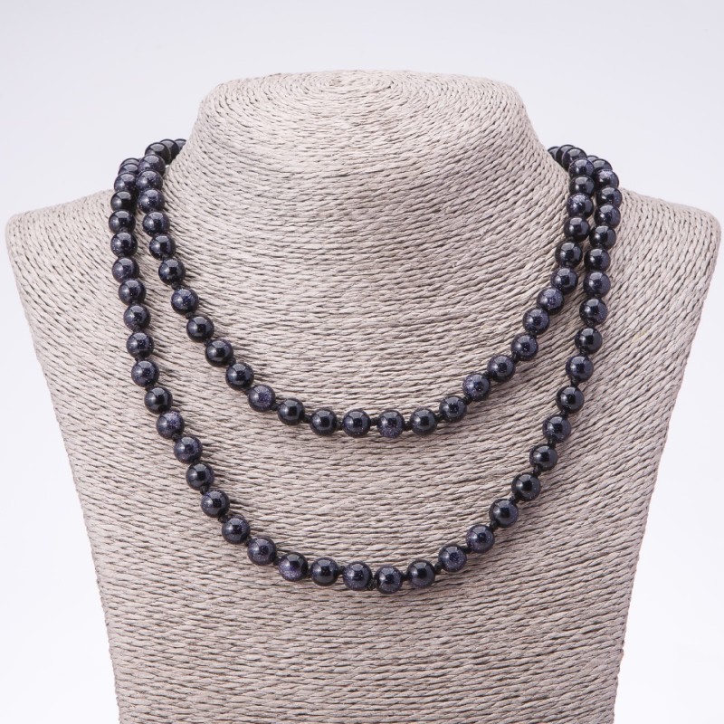 Long Necklace made of Aventurine "Blue Sand Cairo Night" smooth bead, diameter 8mm, length 120cm