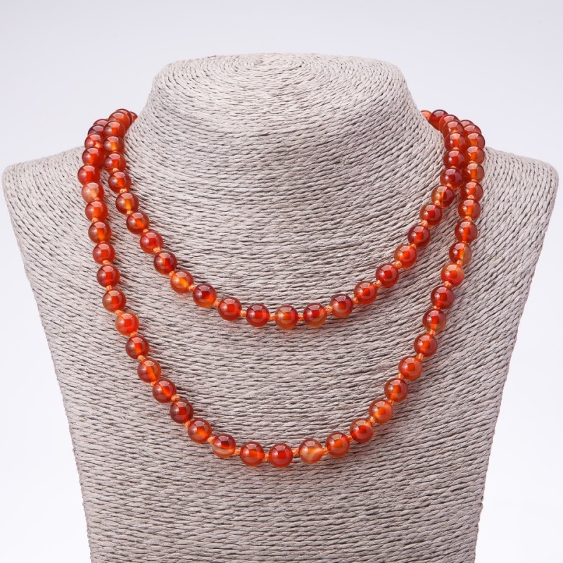 Long necklace made of natural carnelian smooth bead sphere diameter 8mm length 120cm