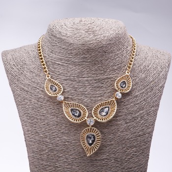 Evening Necklace with Grey Crystals "Precious Leaves", length 42-50cm