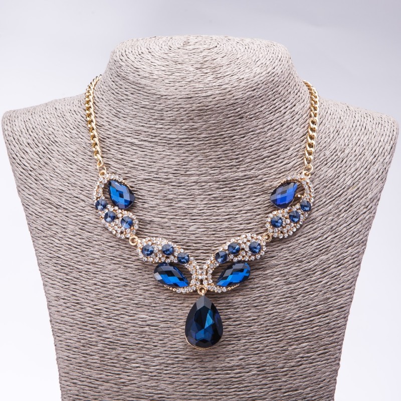 Evening Necklace with Blue Crystals "Precious Drops", Length 42-49cm