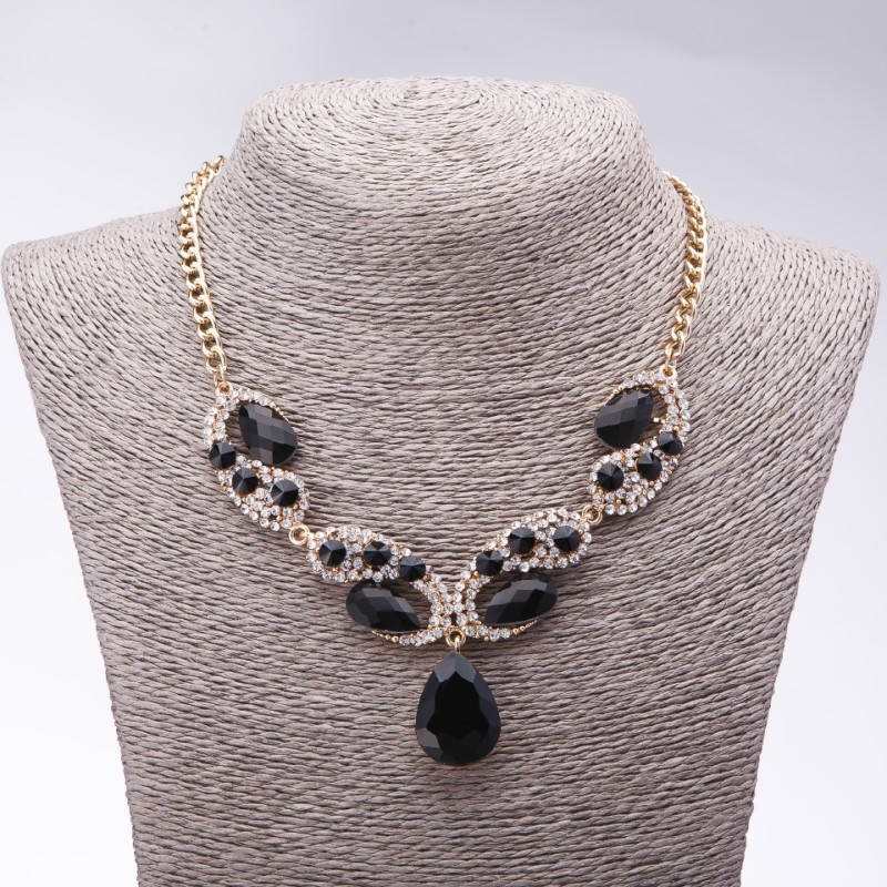 Evening Necklace with Black Crystals "Precious Drops", Length 42-49cm