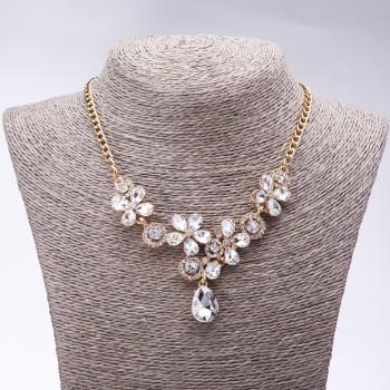 Evening Necklace with White Crystals "Precious Flowers", Length 42-49cm