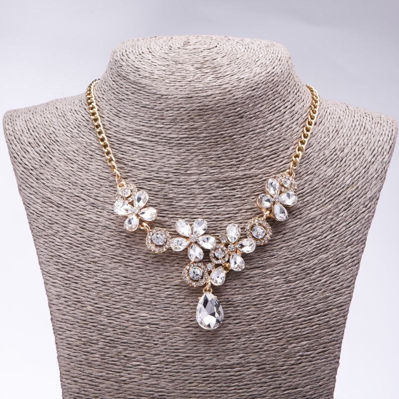 Evening Necklace with White Crystals "Precious Flowers", Length 42-49cm