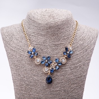 Evening Necklace with Blue Crystals "Precious Flowers", Length 42-49cm