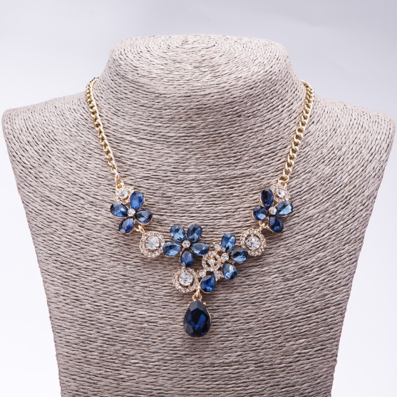 Evening Necklace with Blue Crystals "Precious Flowers", Length 42-49cm