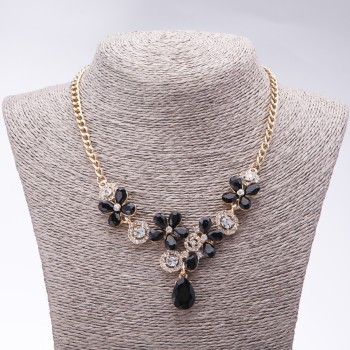 Evening Necklace with Black Crystals "Precious Flowers", Length 42-49cm
