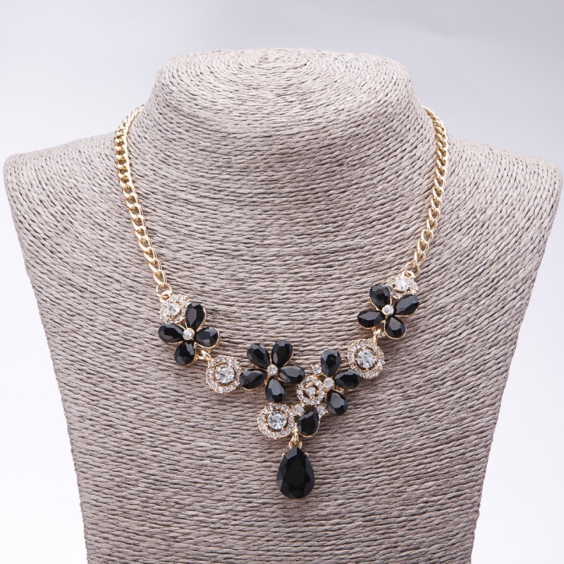 Evening Necklace with Black Crystals "Precious Flowers", Length 42-49cm