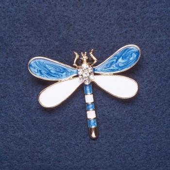 Brooch "Dragonfly" White and Blue Enamel, Gold-Coloured Metal, 4.5×3.5cm