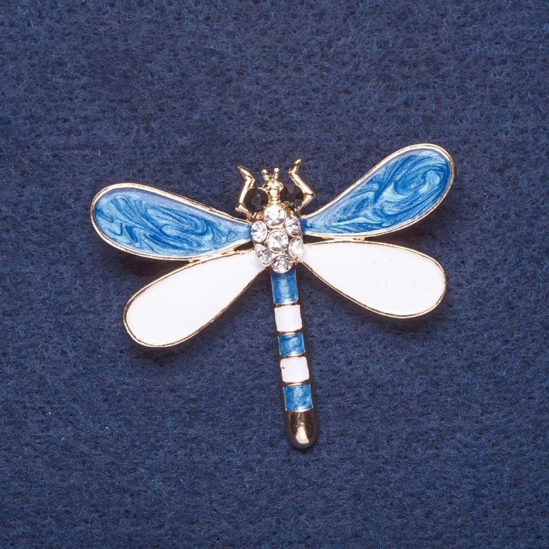 Brooch "Dragonfly" White and Blue Enamel, Gold-Coloured Metal, 4.5×3.5cm