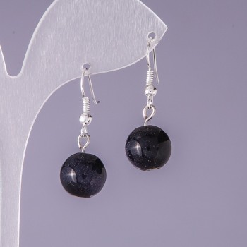 Aventurine Earrings "Blue Sand Cairo Night" Smooth Bead, 12mm Diameter, 3cm Length