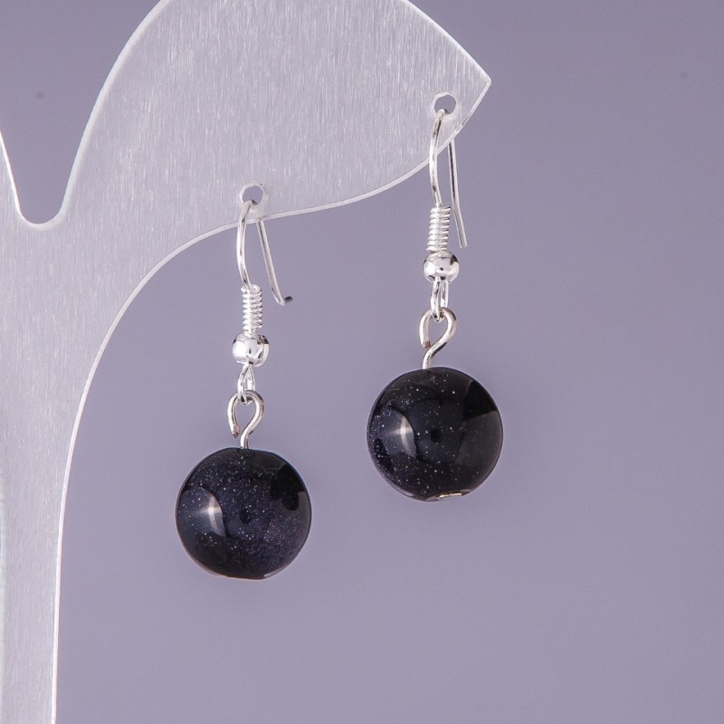 Aventurine Earrings "Blue Sand Cairo Night" Smooth Bead, 12mm Diameter, 3cm Length