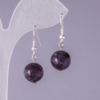 Earrings natural stone Amethyst smooth bead, diameter 12mm, length 3cm