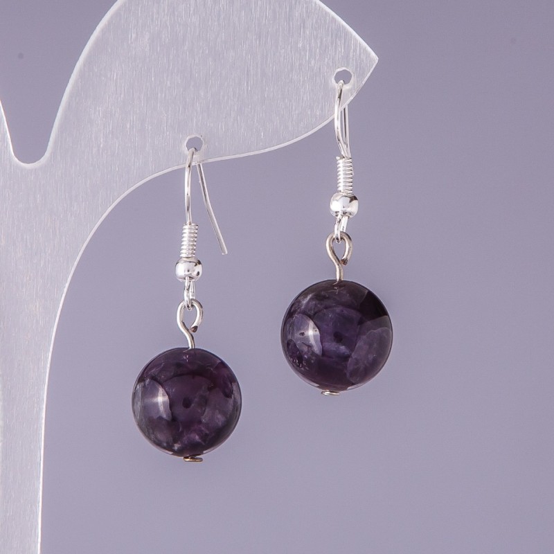 Earrings natural stone Amethyst smooth bead, diameter 12mm, length 3cm