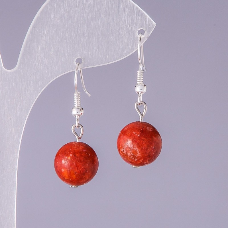 Natural Sponge Coral Earrings, smooth ball, diameter 12mm, length 3cm