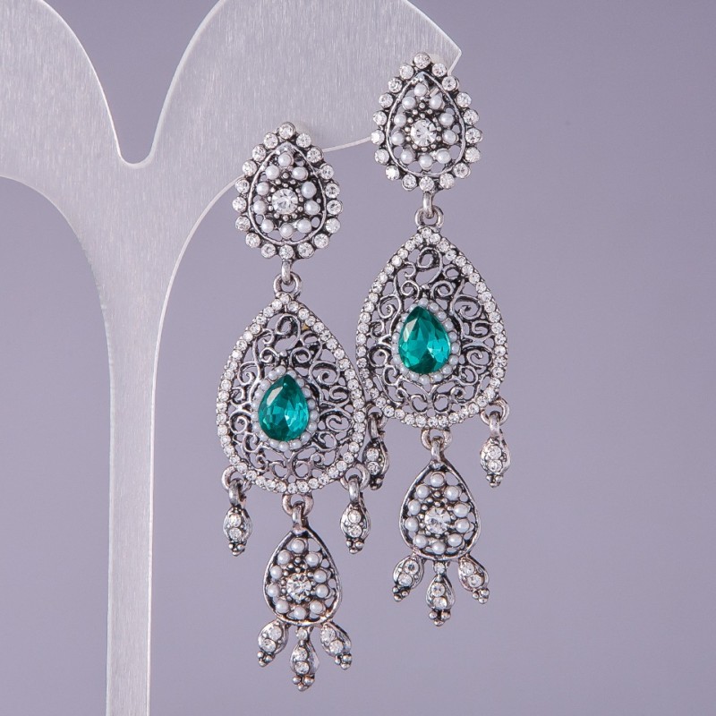 Green Crystal Earrings "Oriental Beauty", 6.5cm Length
