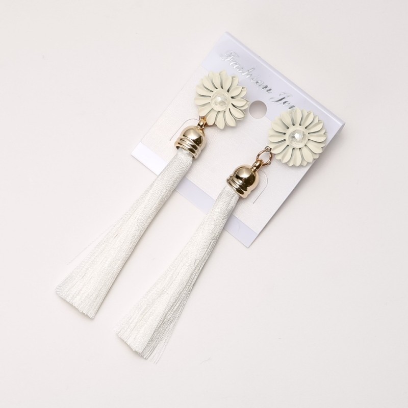 White Chrysanthemum Tassel Earrings, 9cm