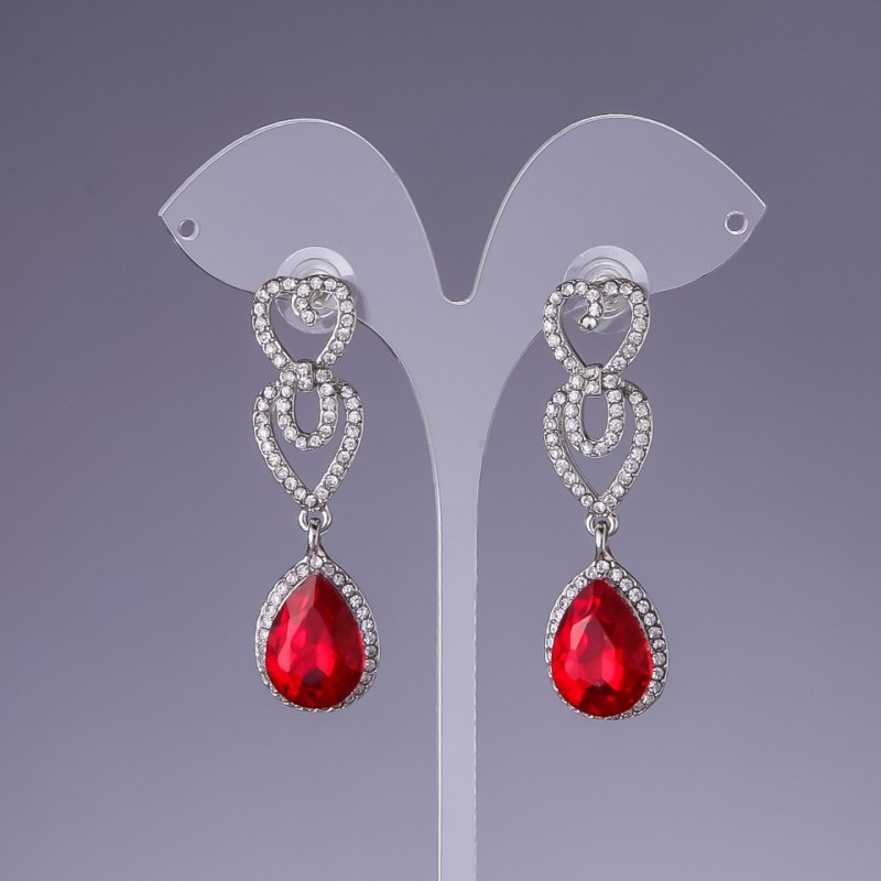Earrings with Red Crystals, length 5.5 cm, grey metal