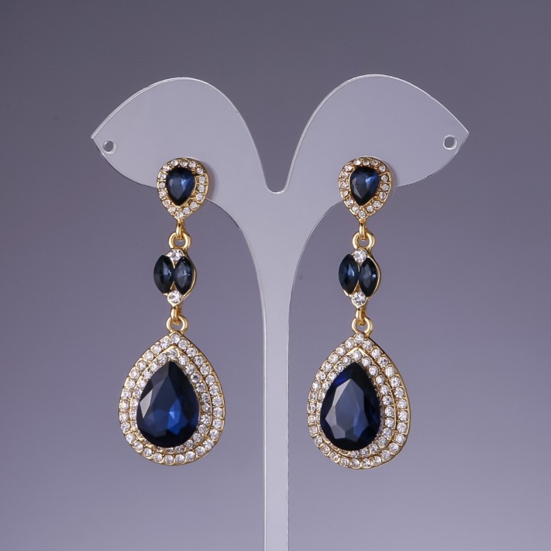 Earrings with blue crystals, 6 cm length, yellow metal