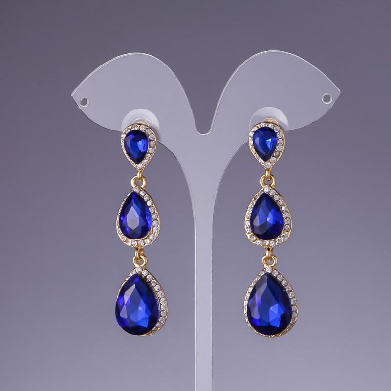 Earrings with Blue Aquamarine Crystals Ultralight, 6 cm length, Yellow Metal