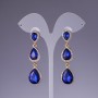 Earrings with Blue Aquamarine Crystals Ultralight, 6 cm length, Yellow Metal