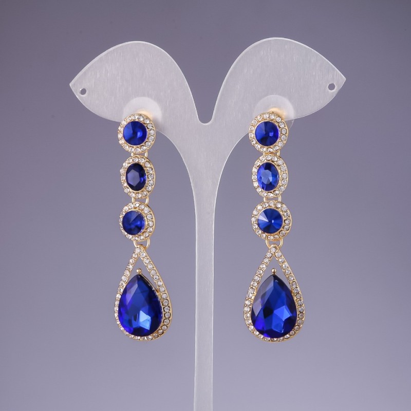 Earrings with blue crystals, 6 cm length in yellow metal