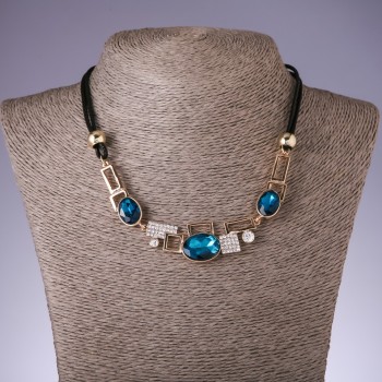 Necklace on Cords with Turquoise Crystals "Geometry", Length 40-48cm