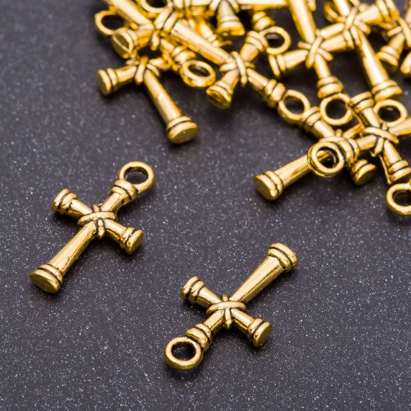 Findings Pendant "Cross" "old gold", diameter 11mm, length 20mm hole 3mm pkg. 20g +/-23pcs