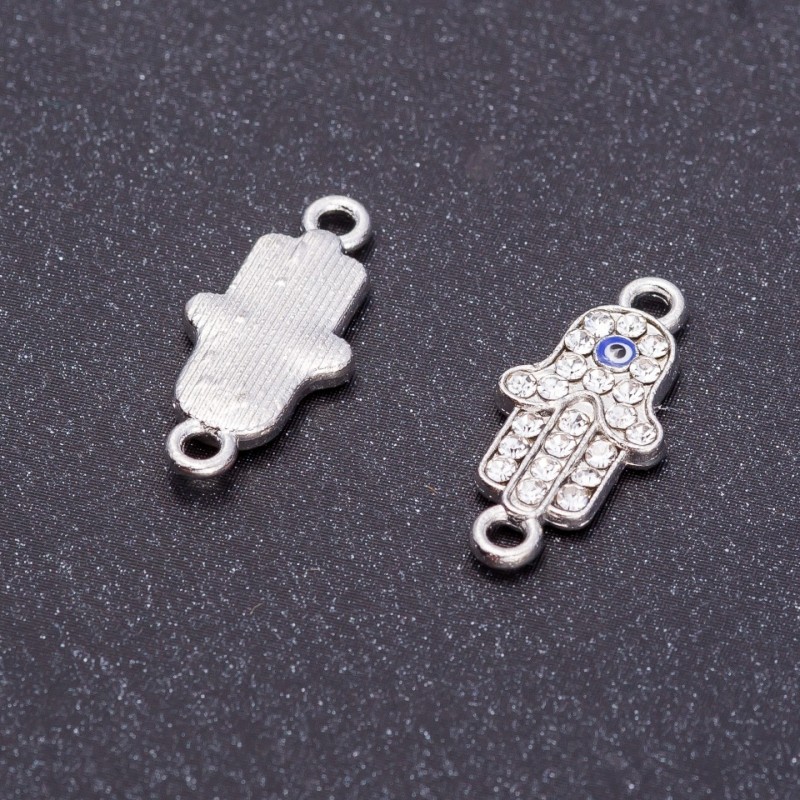 Connector Finding "Eye Palm" Rhinestone Silver, 9mm Diameter, Pack of 4