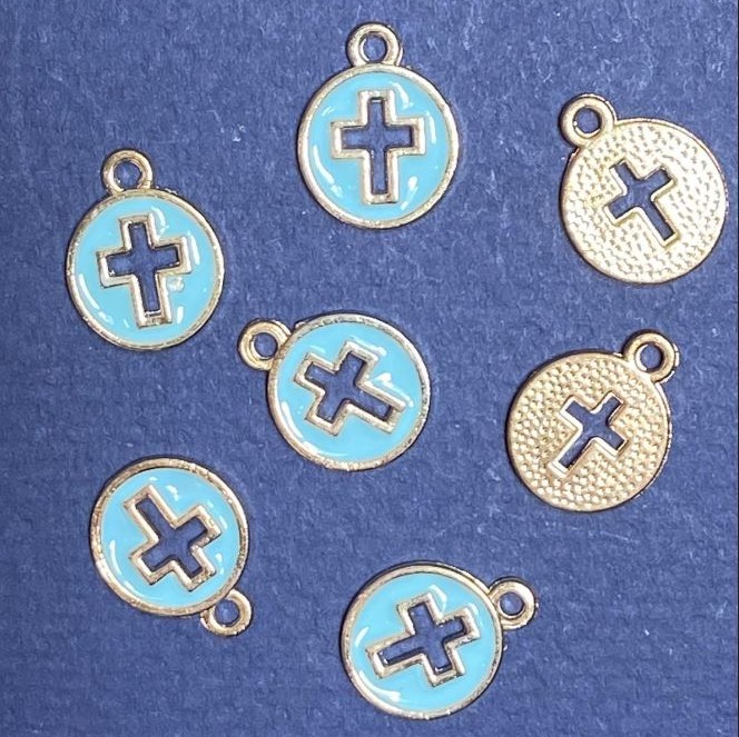 Pendant Finding "Cross" blue enamel "gold", diameter 12mm, length 15mm, hole dia 5mm, pack of 10pcs