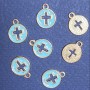 Pendant Finding "Cross" blue enamel "gold", diameter 12mm, length 15mm, hole dia 5mm, pack of 10pcs