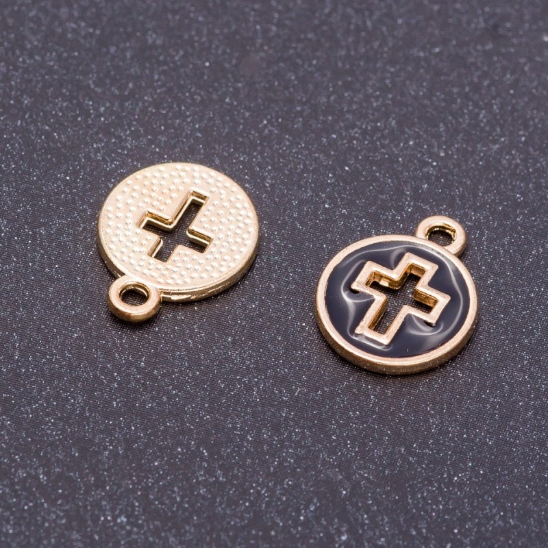 Pendant Finding "Cross" black enamel "gold", diameter 12mm, length 15mm, hole dia 5mm, pack of 10pcs