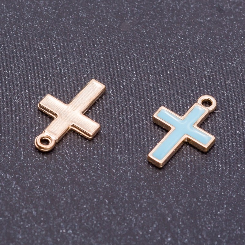 Pendant Finding "Cross" blue enamel "gold", diameter 11mm, length 17mm, hole dia mm, pack of 10pcs