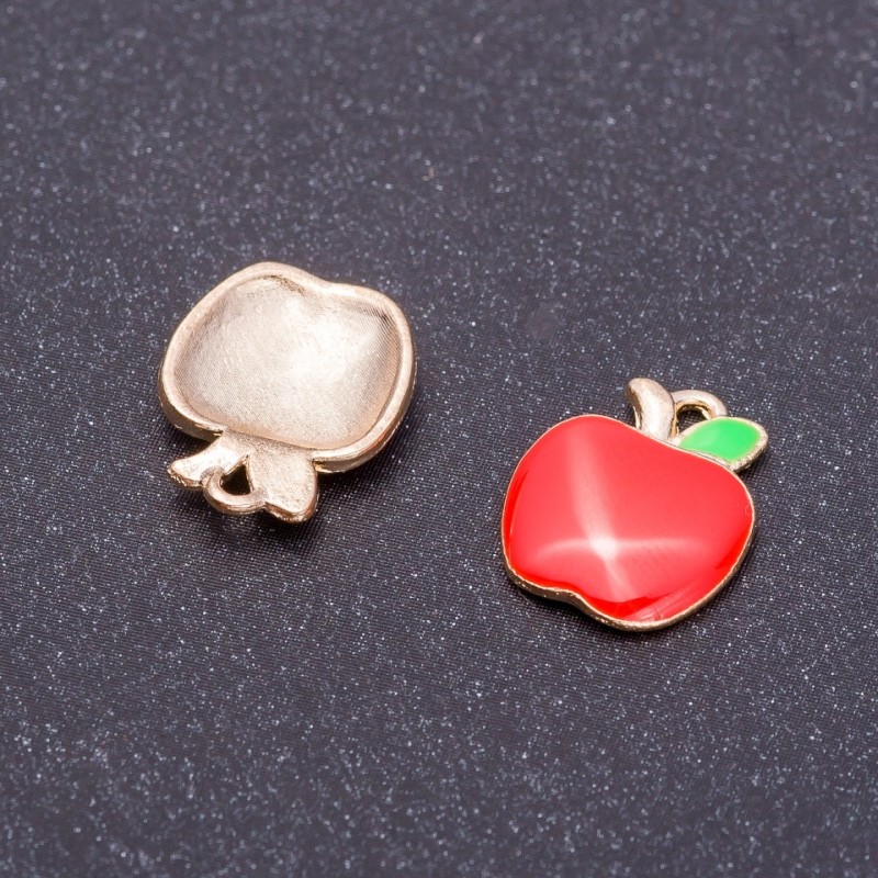 Pendant Finding "Apple" red enamel, "gold", diameter 12mm, length 15mm, hole dia 5mm, pack of 7pcs