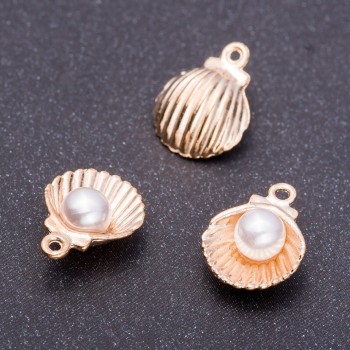 Findings Pendant Shell with Pearl "light gold", diameter 12mm, length 15mm hole diam. mm pack 7 pcs
