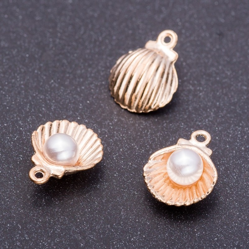 Findings Pendant Shell with Pearl "light gold", diameter 12mm, length 15mm hole diam. mm pack 7 pcs