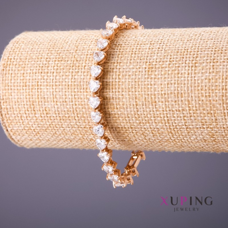 Xuping Bracelet with White Heart-Shaped Stones, 18-20 cm adjustable, 6.5 mm thickness, Gold colour