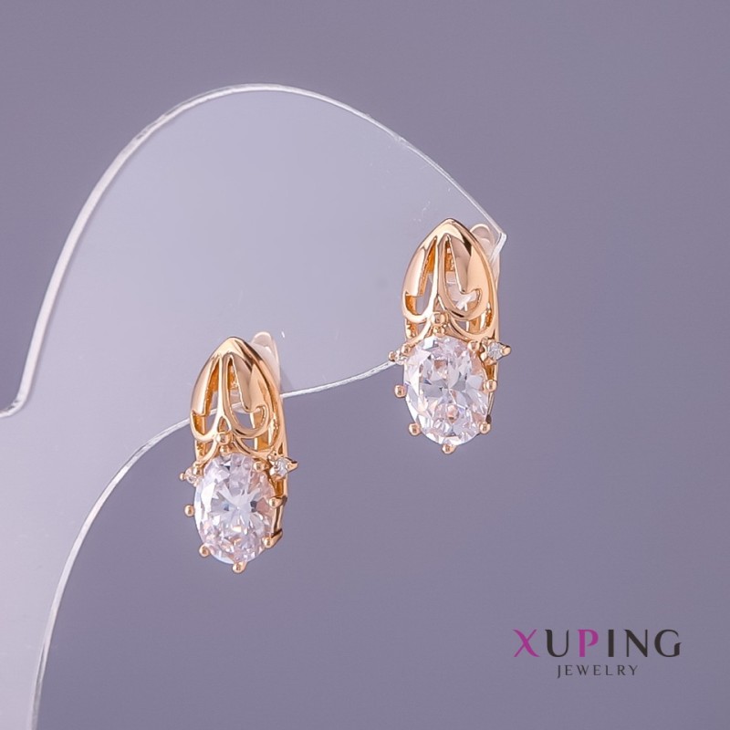 Earrings Xuping with White Stones, 8mm diameter, 17mm length, gold color