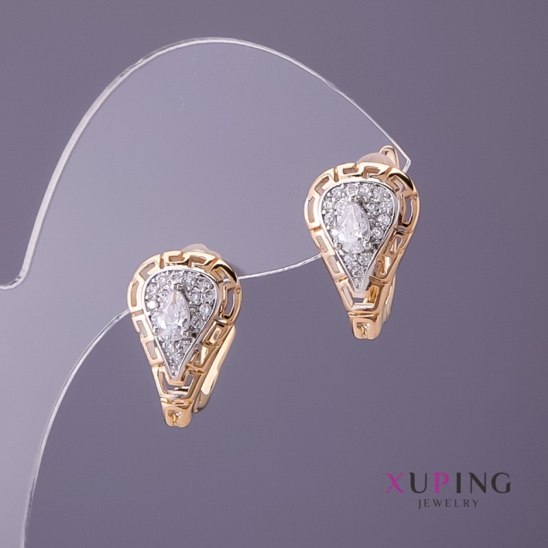 Xuping earrings with Greek key pattern and white crystals, diameter 11mm, length 18mm, gold colour