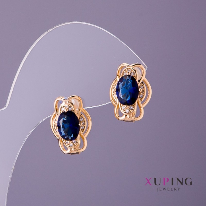 Xuping Earrings with Blue Stones, 11mm Diameter, 15mm Length, 18K Plating