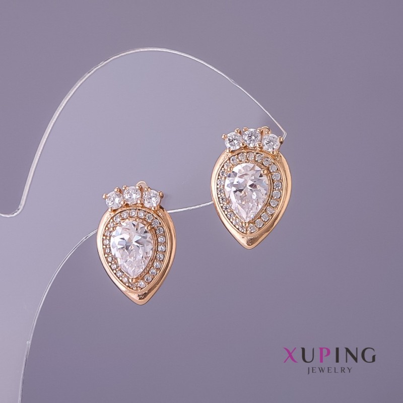Xuping Earrings with White Stones, 11mm diameter, 17mm length, gold colour
