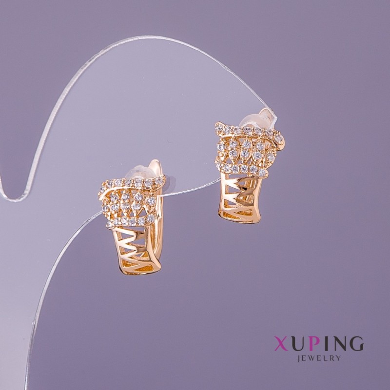 Xuping Earrings with White Rhinestones, 10mm diameter, 15mm length, gold colour