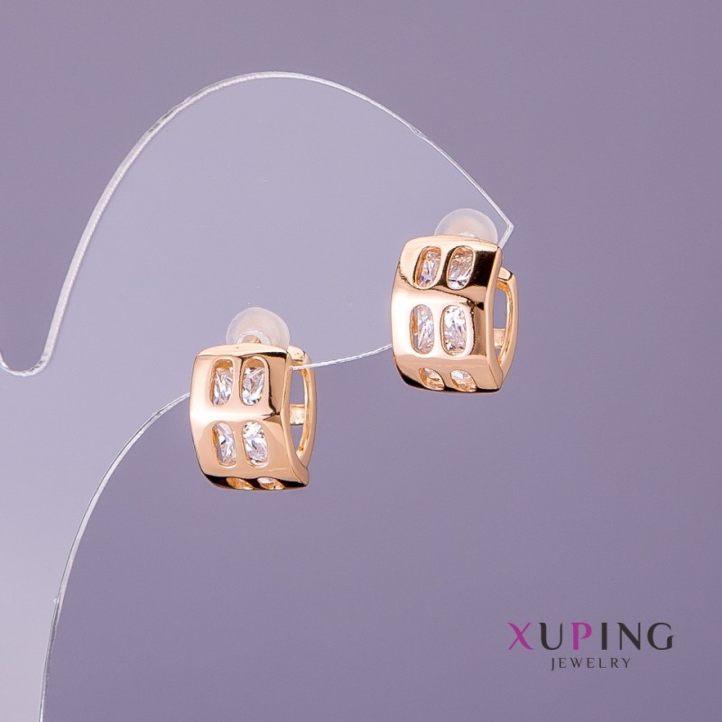 Xuping Earrings with White Stones, 8mm Diameter, 12mm Length, Gold Colour