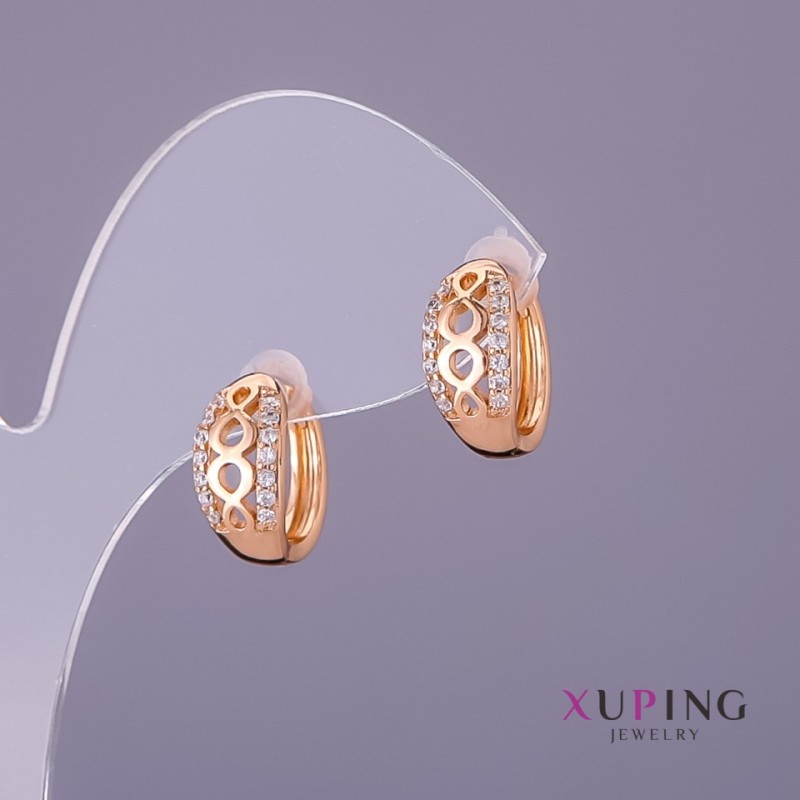 Xuping Earrings with White Rhinestones, 7mm Diameter, 14mm Length, Gold Colour
