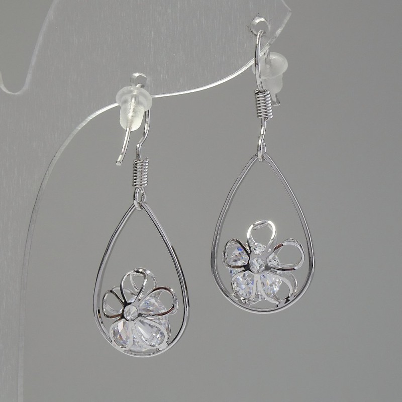 Earrings "Itayo" Drops with Crystals, 14mm diameter, 31mm length, silver colour