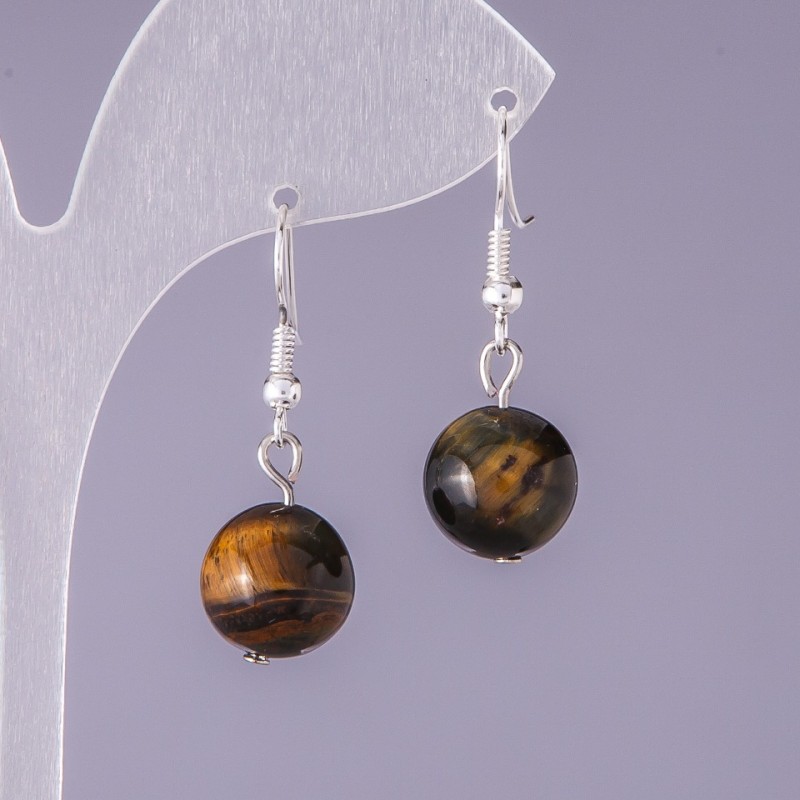 Hawk's Eye Natural Stone Earrings, smooth bead, diameter 14mm, length 3cm