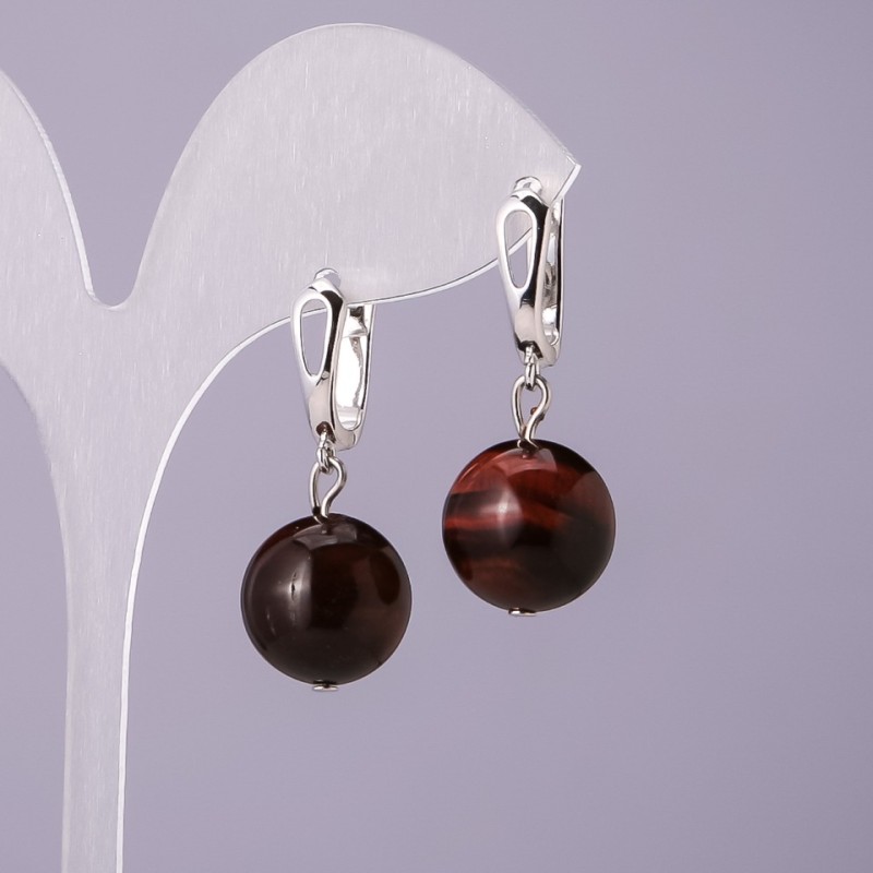 Bull's Eye Natural Stone Earrings, 14mm Diameter, 18mm Length